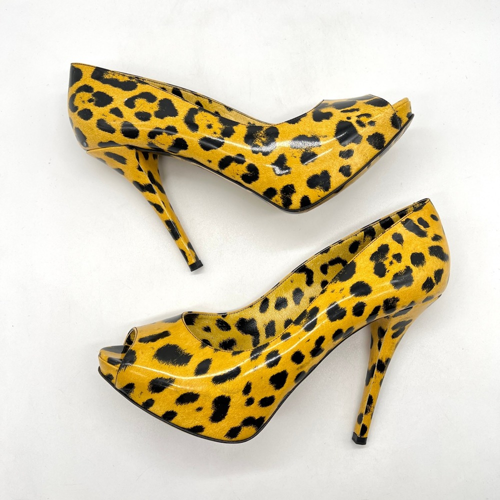 DOLCE & GABBANA Yellow Leopard Peep Toe Platform Pump 9.5 Black Animal Stiletto - Picture 5 of 16